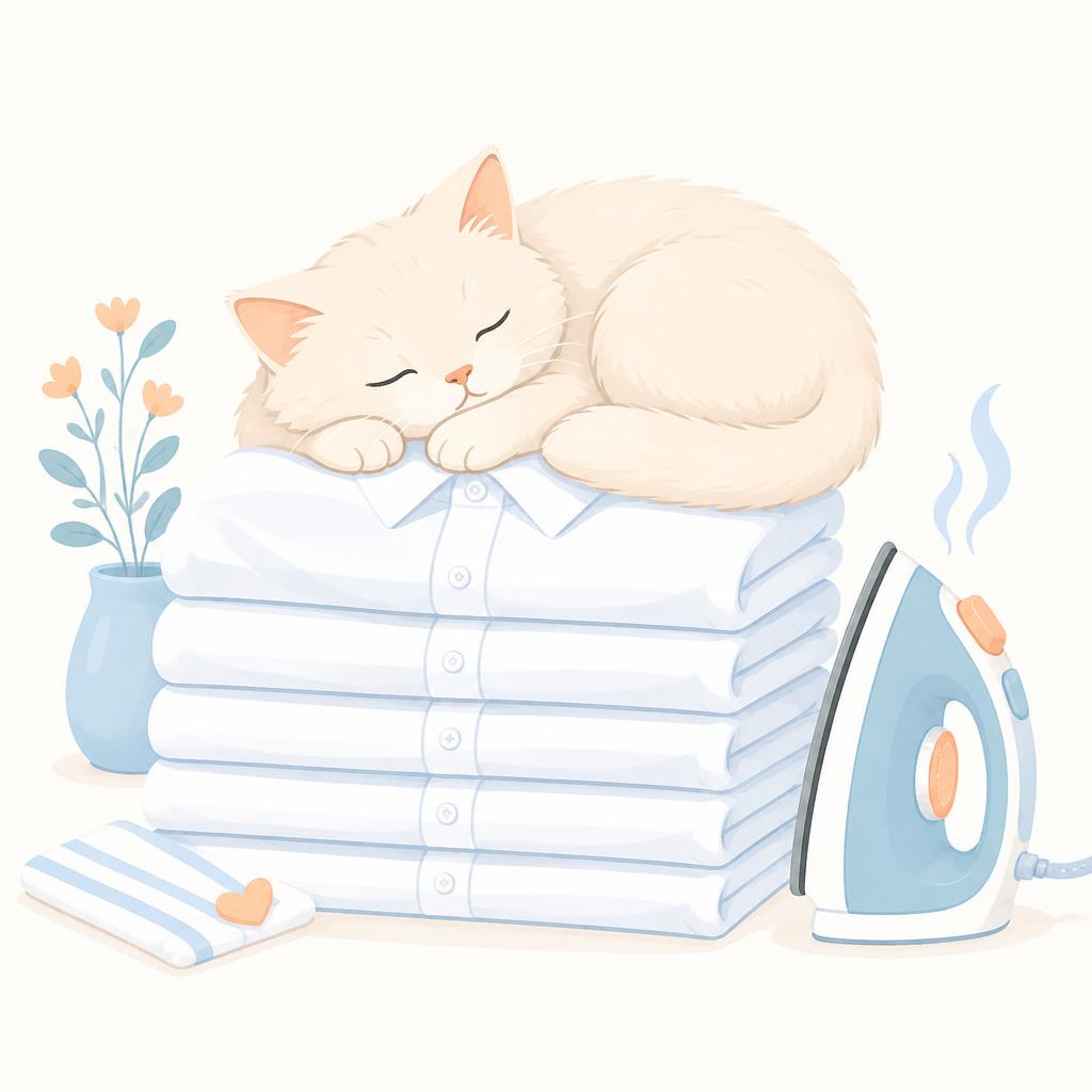 Cat sleeping on freshly folded shirts
