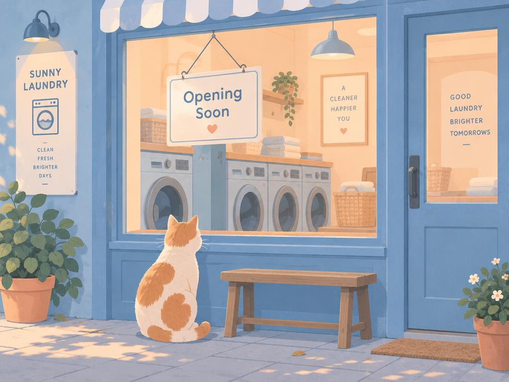 Cat looking at a shop window with an Opening Soon sign